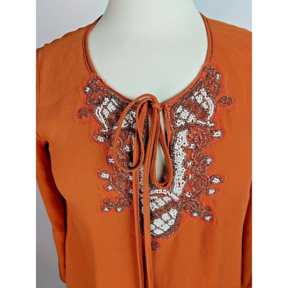 Nurture Apricot Blouse Embellished Beaded Size Small Billow Sleeves Front Tie - Picture 3 of 8